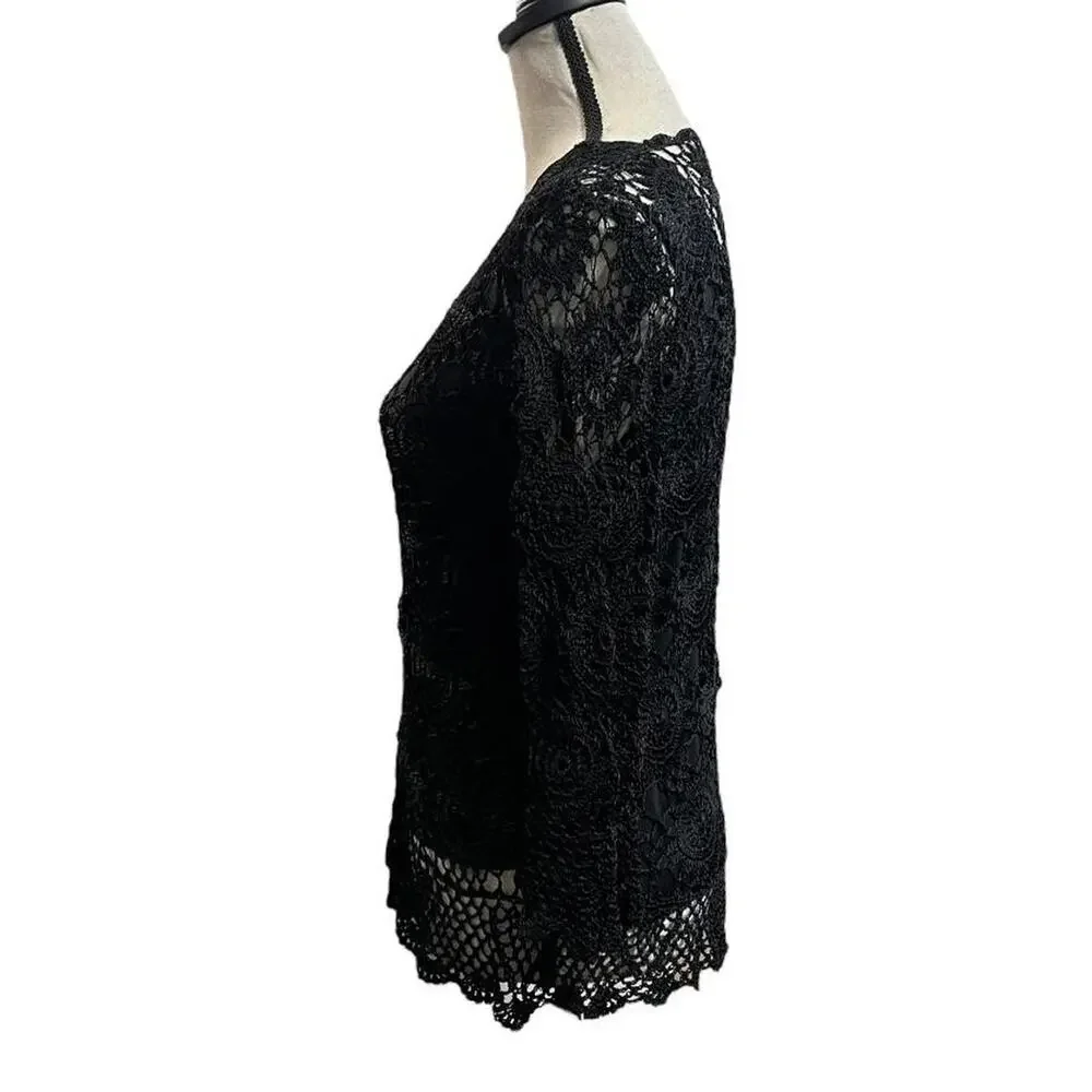 VTG 90s Joseph A. Black Open Knit Crochet Bell Sleeve Whimsygoth Blouse XL/L